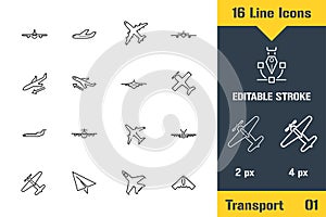 Airplane, Aviation, Aircraft Plane. Thin line icon - Outline flat vector illustration. Editable stroke pictogram. Premium quality