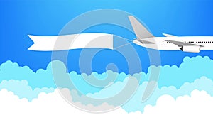 Airplane banner in flat style. Speed airplane aircraft jet with advertising banner ribbon in the cloudy sky. stock