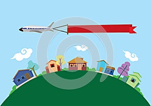 Airplane with Banner Flying Above Houses Vector Illustration