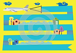 Airplane with Banner Flying Over Houses Vector Cartoon Illustration