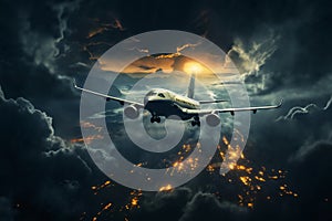 An airplane in a beautiful dark sunset sky with cumulus clouds from a aerial view on an abstract background