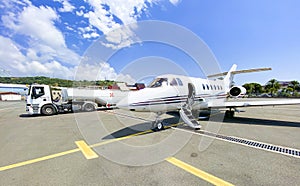 Airplane being fueled with jet fuel