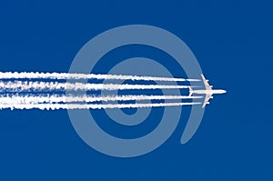 Airplane big four engines aviation airport contrail clouds