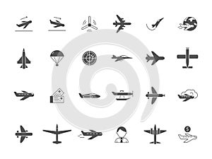 Airplane black icons. Jet aircraft military forces and civil aviation travel vector symbols