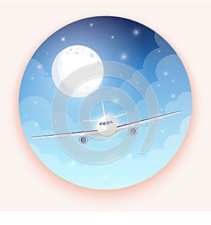 Airplane on blue background with moon and stars. A flying plane in night sky. Landing illustration. Travel by airplane