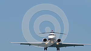 Airplane in the blue sky overhead