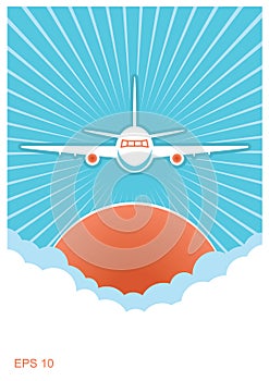 Airplane in blue sky and sun.Vector background