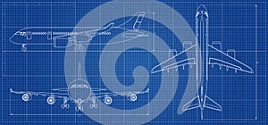 Airplane blueprint. Outline aircraft on blue background. Vector illustration