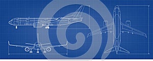 Airplane Blueprint. White Outline Aircraft On Blue