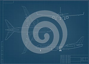 Airplane Blueprint. White Outline Aircraft On Blue