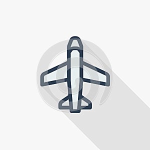 Airplane, boeing plane, travel thin line flat color icon. Linear vector symbol. Colorful long shadow design.