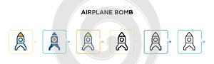 Airplane bomb vector icon in 6 different modern styles. Black, two colored airplane bomb icons designed in filled, outline, line