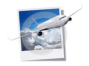 Airplane breaking free from an instant print photo or postcard