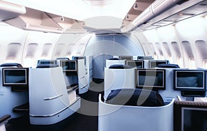 Airplane cabin business class interior view