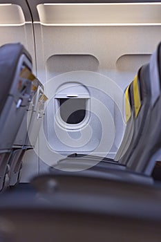 Airplane cabin interior view. Empty seats