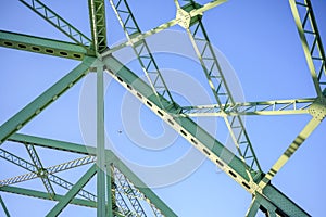 Airplane in the cages of green truss bridge construction