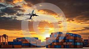 Airplane Cargo Delivery Sunset Flight Over Container Terminal for Global Shipping
