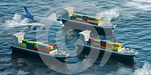 Airplane and cargo ships with containers on water, top view