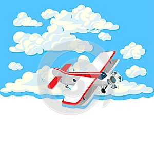 Cartoon plane flies on a background of white clouds and blue sky