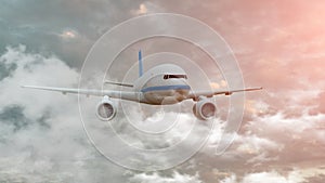 Airplane among clouds. The airplane is flying in cumulus clouds, front view. 3d illustration