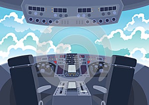 Airplane cockpit. Back view of cabin flying airplane. Inside cockpit during flight. Vector cartoon illustration