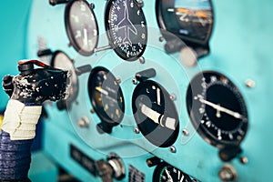 Airplane cockpit closeup picture