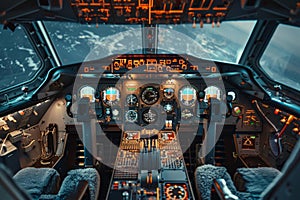 Airplane cockpit control panel flying over city lights at night