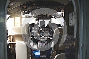 Airplane Cockpit Equipment with indicators, buttons, and instruments.