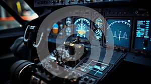 an airplane cockpit illuminated with blue and orange lights, showcasing various instruments, controls, and screens displaying