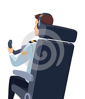 Airplane cockpit pilot. Back view of crew flying airplane. Pilot or copilot inside cockpit during flight. Vector cartoon