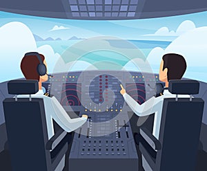 Airplane cockpit. Pilots sitting front of dashboard aircraft inside vector cartoon illustrations photo