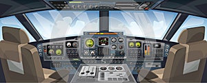 Airplane cockpit view with control panel buttons and sky background on window view. Airplane pilots cabin with dashboard control photo