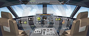 Airplane cockpit view with control panel buttons and sky background on window view. Airplane pilots cabin with dashboard control