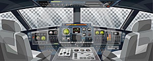 Airplane cockpit view with control panel buttons and transparent background on window view. Airplane pilots cabin with dashboard