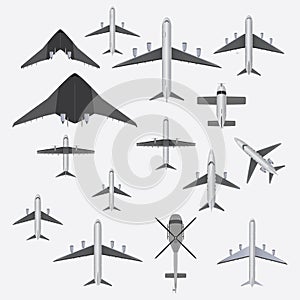 Airplane collection top view on white background