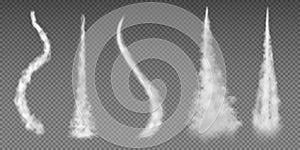 Airplane condensation trails. Plane smoke rocket stream effect airplane jet cloud flight speed burst. Aircraft condensation line