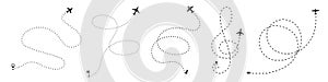 Airplane dashed line path a travel concept, schematic flight route with various airplane silhouettes and icons of starting points