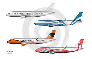 Airplane design. Side view of plane. Aircraft 3d template. Jet mockup in realistic style. Isolated industrial blueprint.