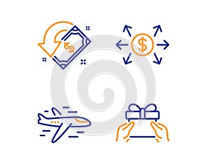 Airplane, Dollar exchange and Cashback icons set. Give present sign. Plane, Payment, Receive money. Vector