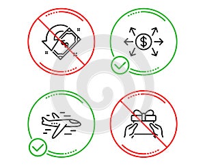 Airplane, Dollar exchange and Cashback icons set. Give present sign. Plane, Payment, Receive money. Vector