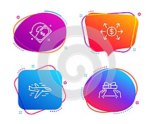 Airplane, Dollar exchange and Cashback icons set. Give present sign. Plane, Payment, Receive money. Vector