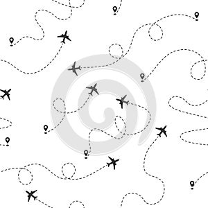 Airplane dotted flight line seamless pattern. Plane flying path. Travel concept vector wallpaper