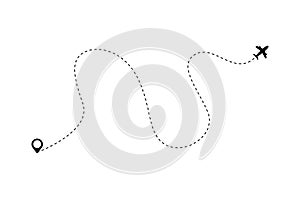 Airplane is in a dotted line. Tourism and travel. The waypoint is for a tourist trip. and his track on a white background. Vector photo