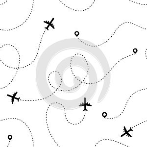 Airplane dotted path. Travel and tourism routes concept. Vector seamless pattern plane black dots line drawing romantic