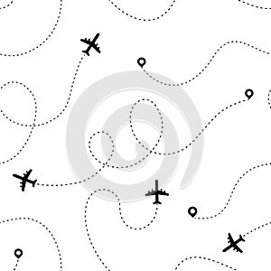Airplane dotted path. Travel and tourism routes concept. Vector seamless pattern plane black dots line drawing romantic photo