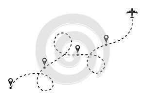 Airplane dotted route line. Flight tourism route path, plane flights itinerary starting pin to destination point or pathway map.