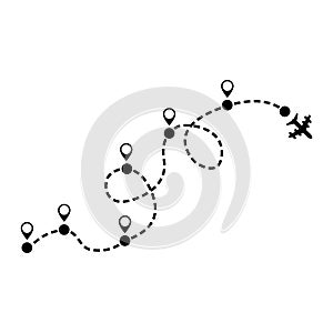 Airplane dotted route line icon. Plane flights itinerary starting pin to destination point or pathway map. Flight tourism route pa photo