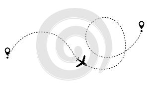Airplane dotted route line. Path travel line shape. Flight route with start point and dash line trace for plane isolated