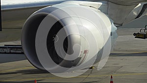 Airplane engine. Aircraft turbine and its propeller, blades close-up. Ultra HD