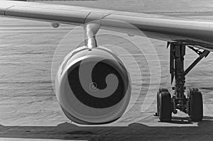 Airplane engine in a black and white
